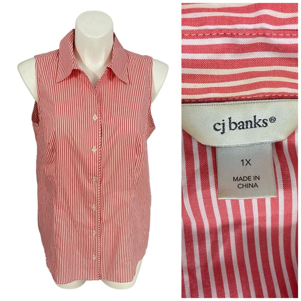 Cj Banks Shirt Womens 1x Orange Stripe Top Preppy Coastal Work Office Casual